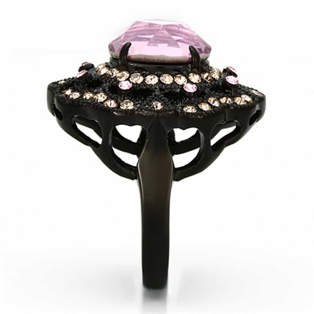 Stainless Steel Black Pink Oval Crystal Filigree Cocktail Ring view 8