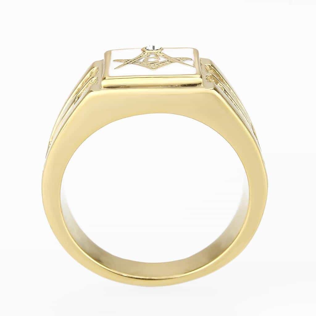 Stainless Steel Gold Masonic CZ Accent Signet Ring view 9