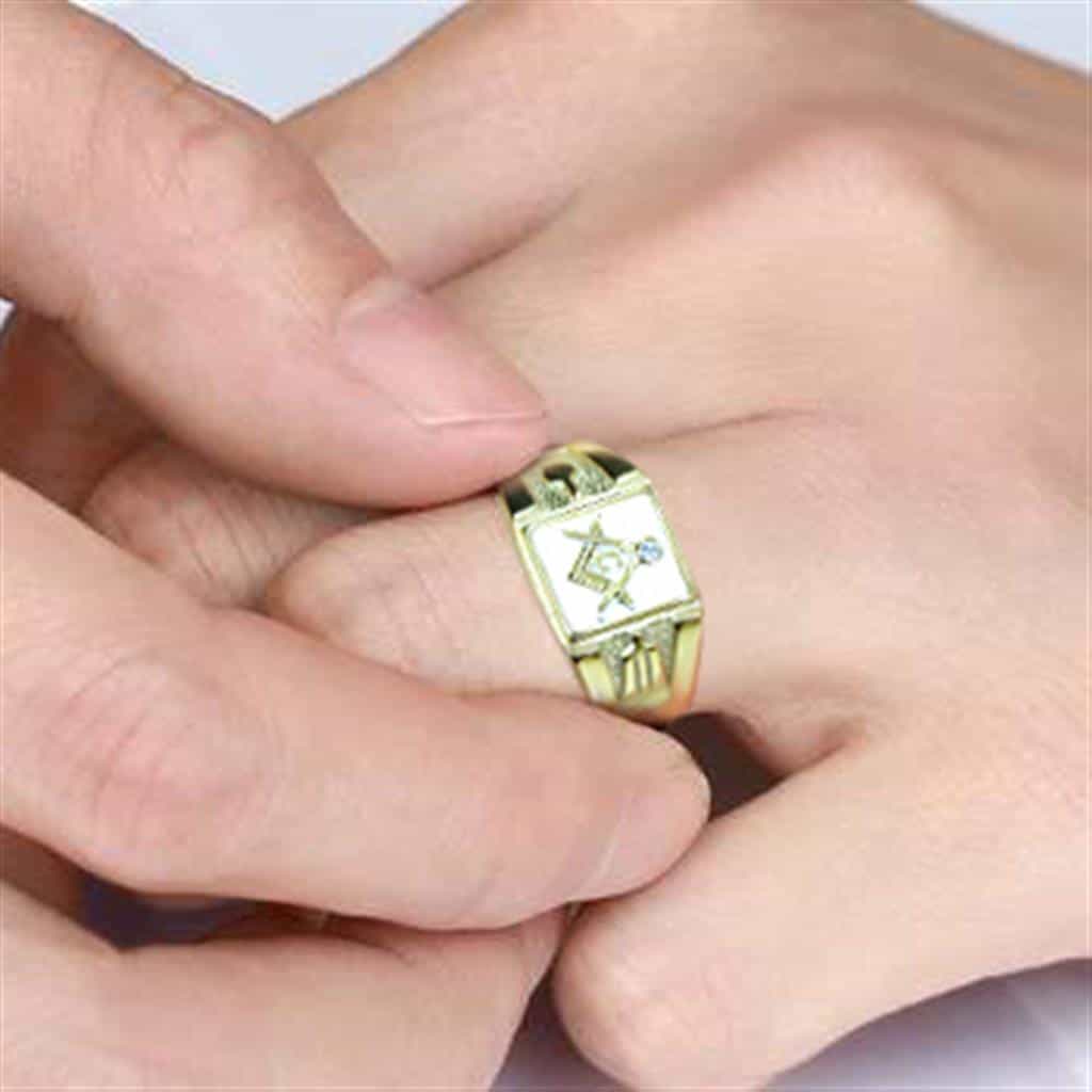 Stainless Steel Gold Masonic CZ Accent Signet Ring view 6