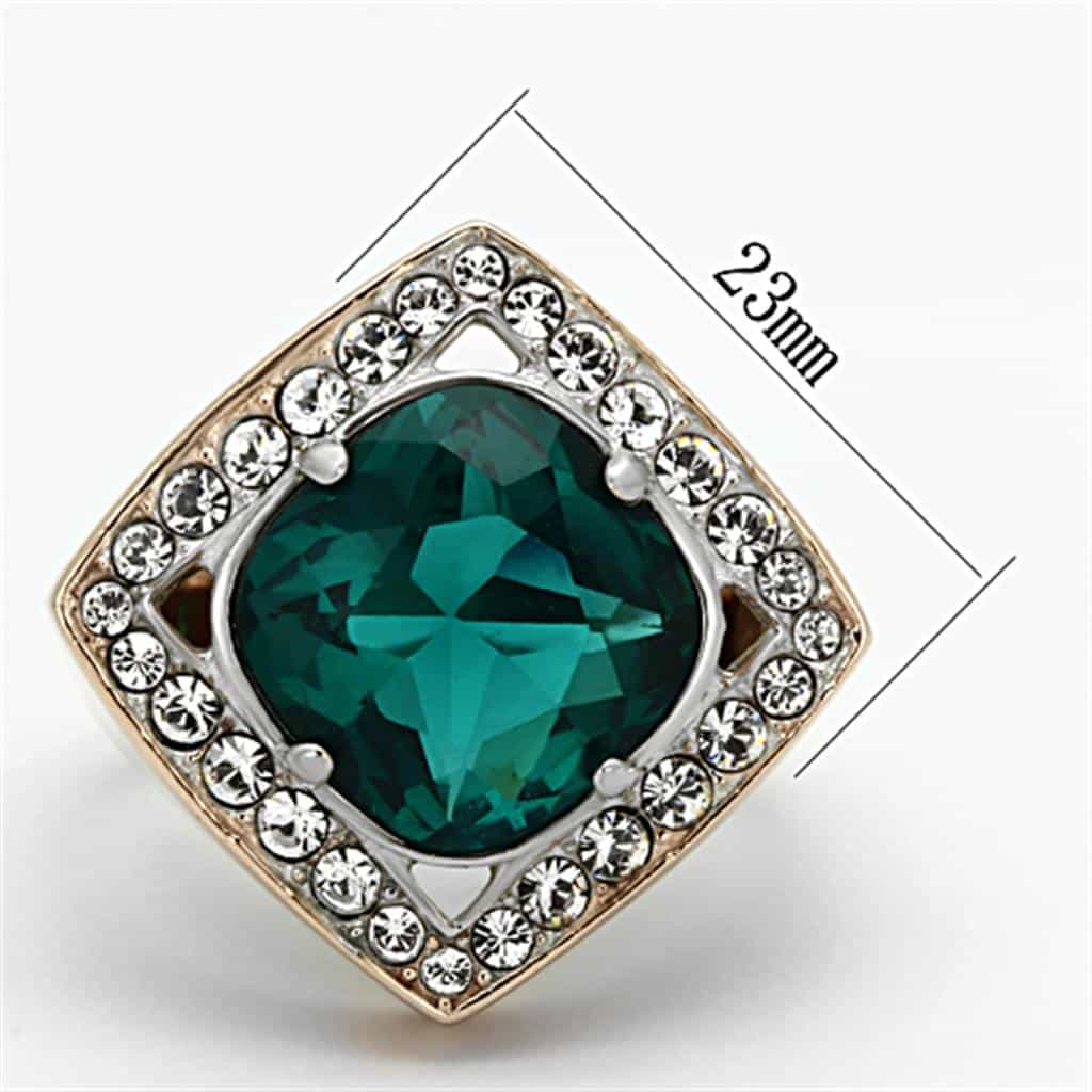 Stainless Steel Rose Gold Teal Cushion CZ Halo Ring view 6