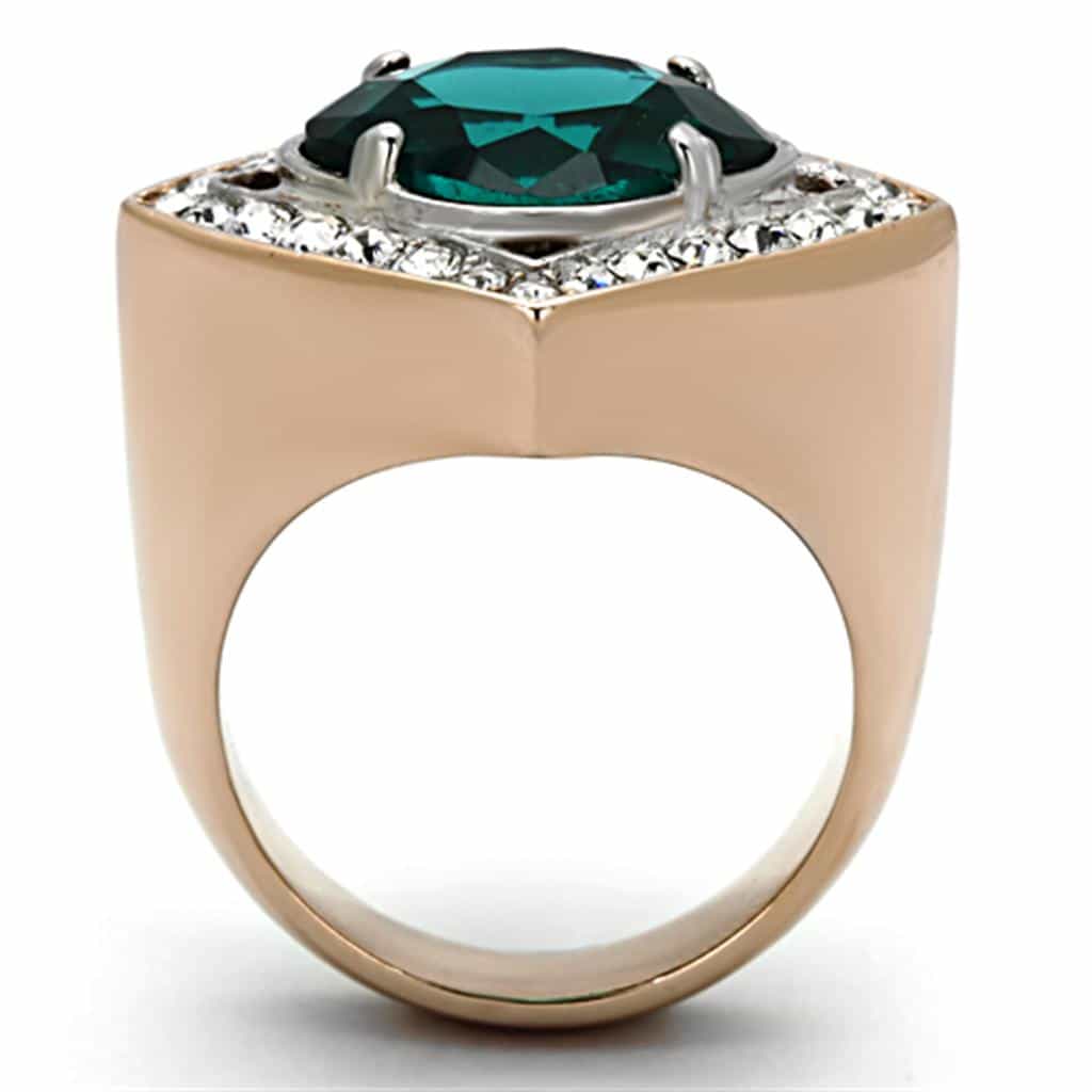Stainless Steel Rose Gold Teal Cushion CZ Halo Ring view 7