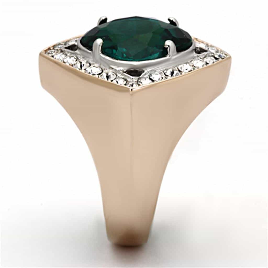 Stainless Steel Rose Gold Teal Cushion CZ Halo Ring view 4