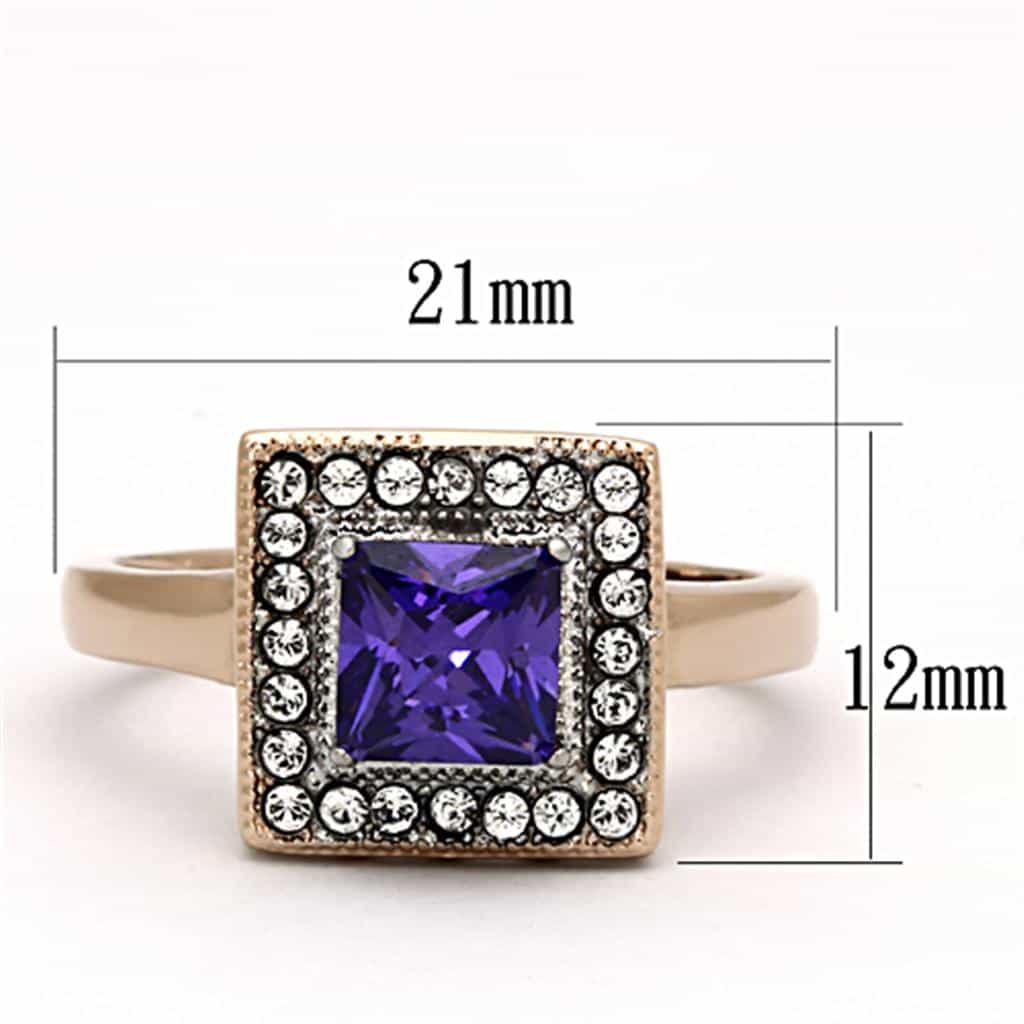 Stainless Steel Rose Gold Purple Princess CZ Halo Filigree Ring view 2