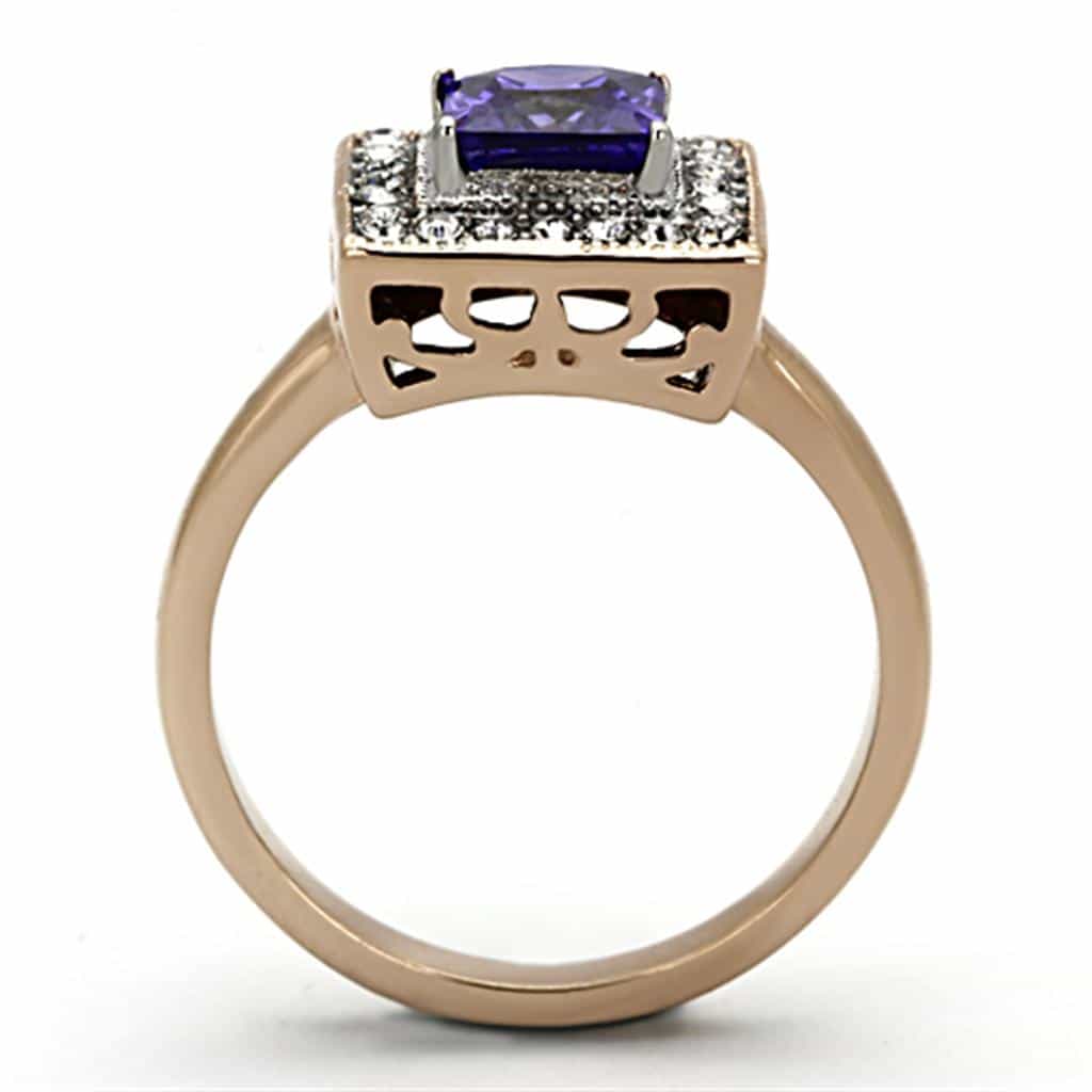 Stainless Steel Rose Gold Purple Princess CZ Halo Filigree Ring view 7