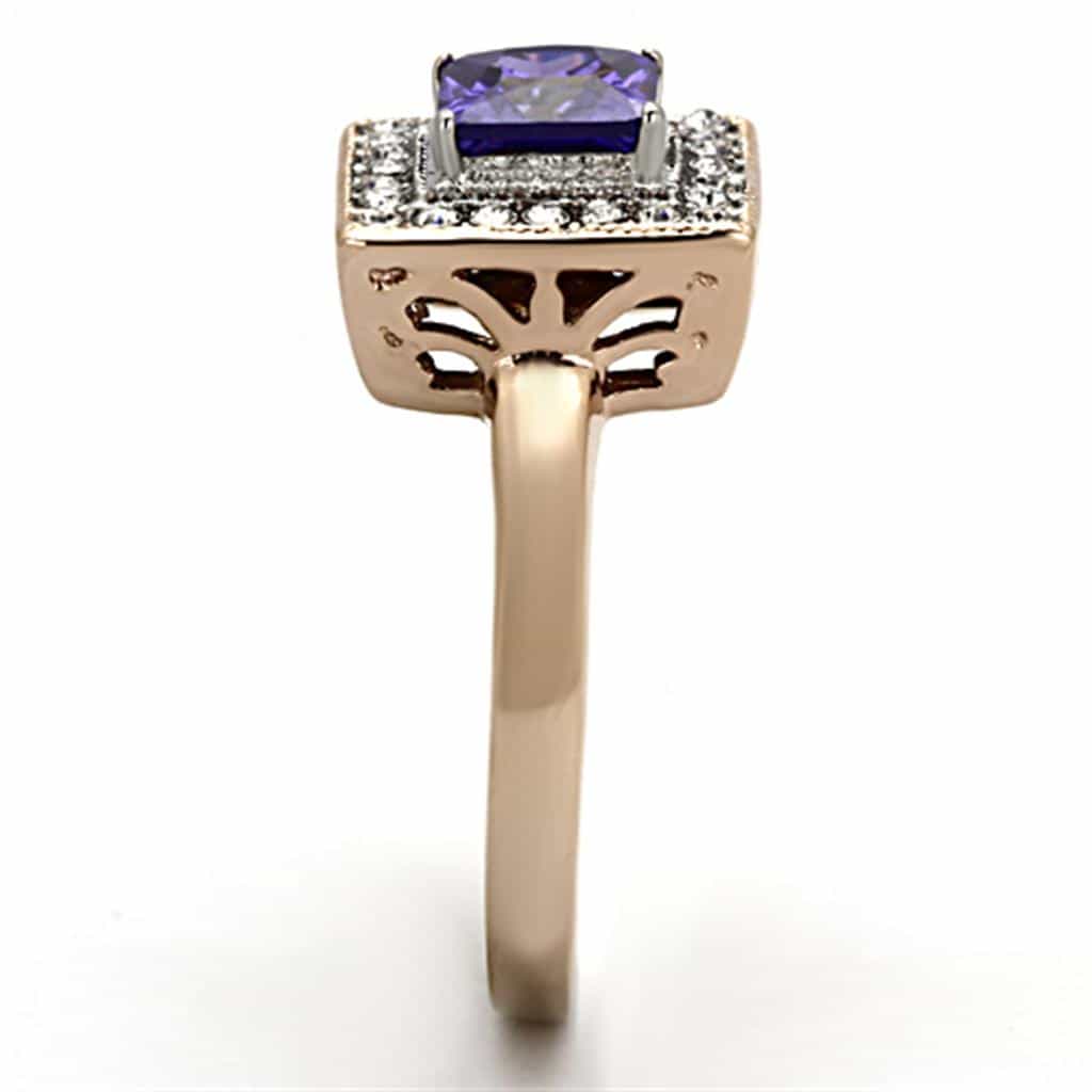 Stainless Steel Rose Gold Purple Princess CZ Halo Filigree Ring view 4