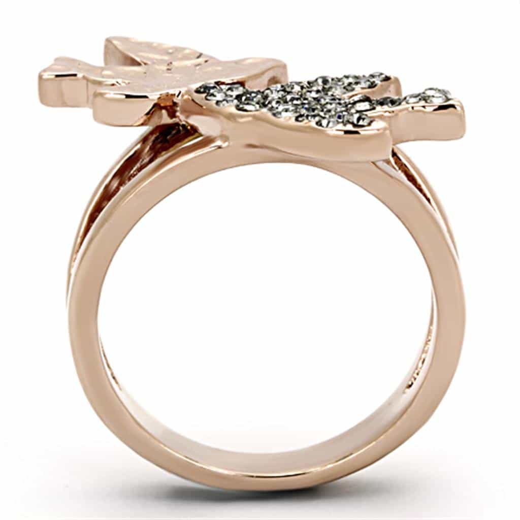 Stainless Steel Rose Gold CZ Pave Butterfly Double Band Ring view 7
