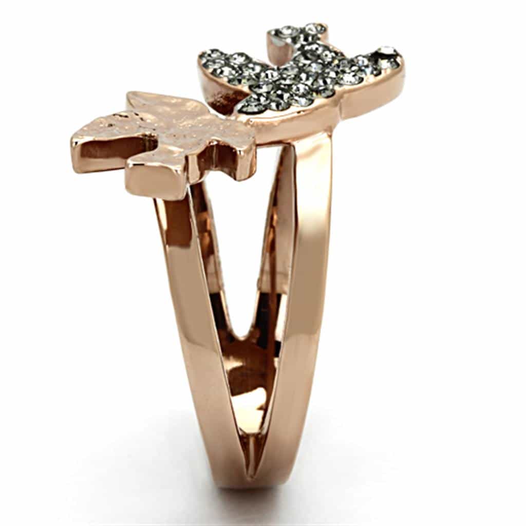 Stainless Steel Rose Gold CZ Pave Butterfly Double Band Ring view 4