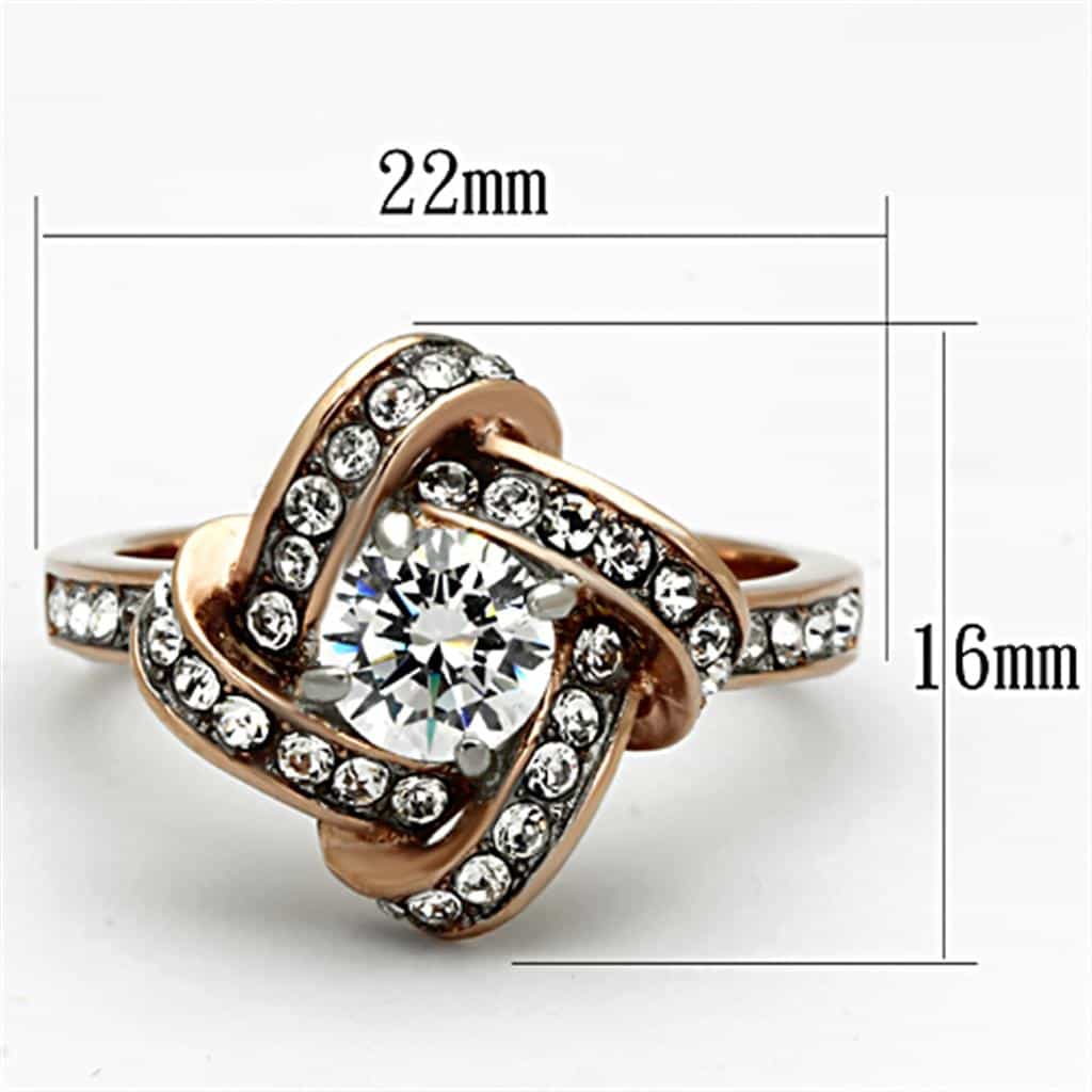 Stainless Steel Rose Gold CZ Round Knot Swirl Halo Ring view 2
