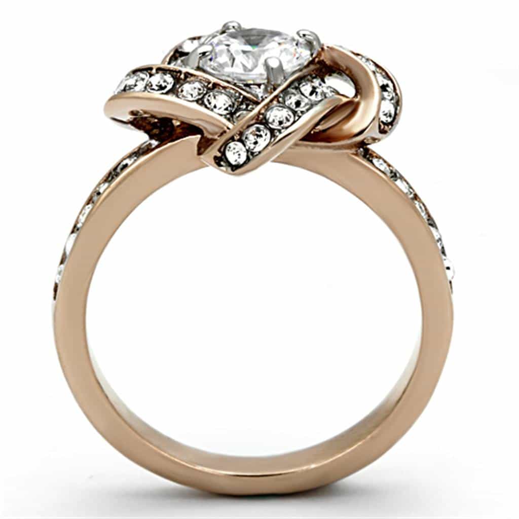 Stainless Steel Rose Gold CZ Round Knot Swirl Halo Ring view 7
