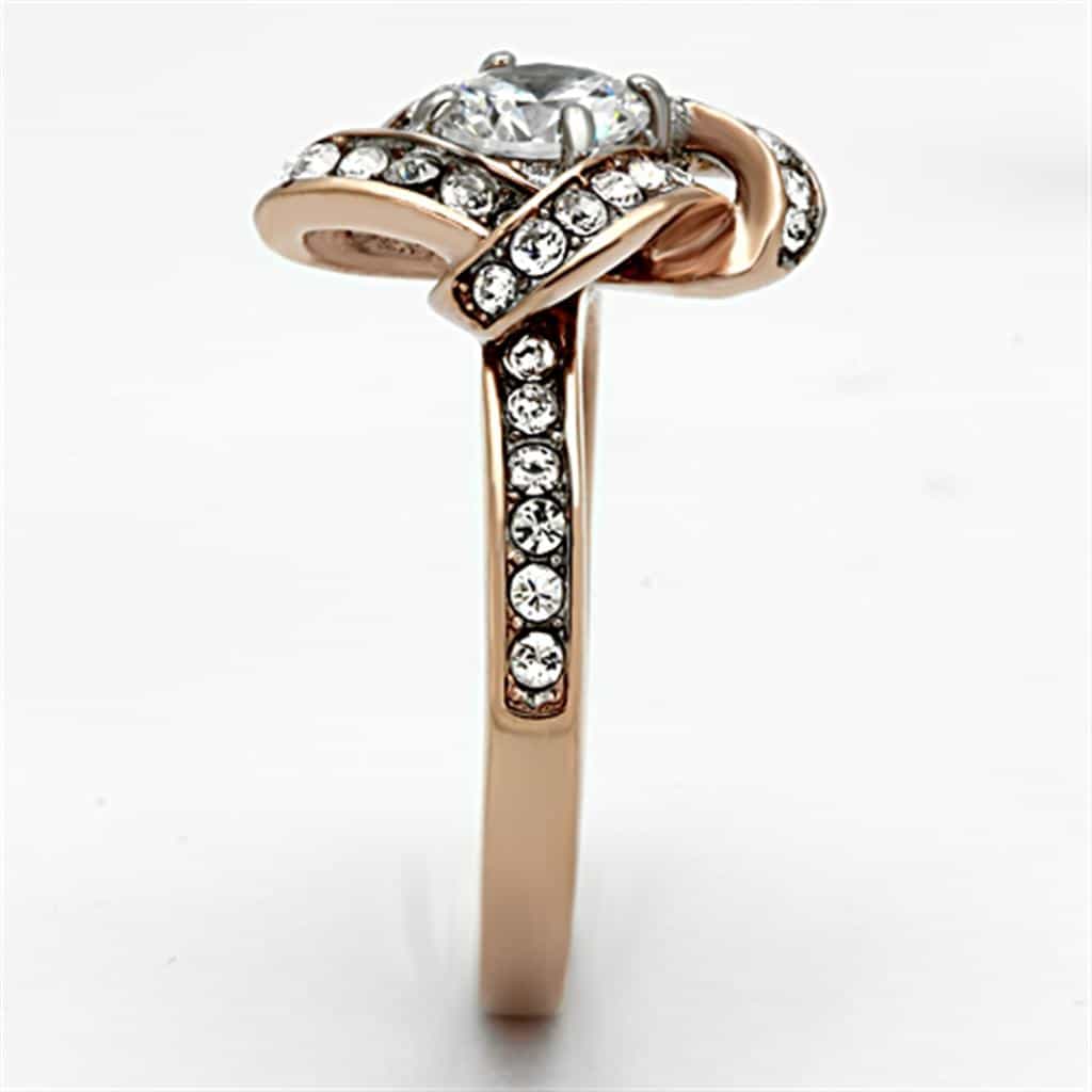 Stainless Steel Rose Gold CZ Round Knot Swirl Halo Ring view 8
