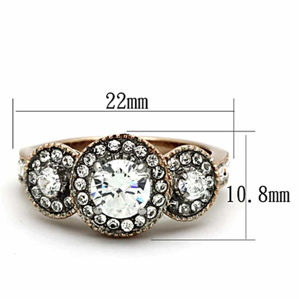 Stainless Steel Rose Gold CZ Round Three Stone Halo Ring view 2