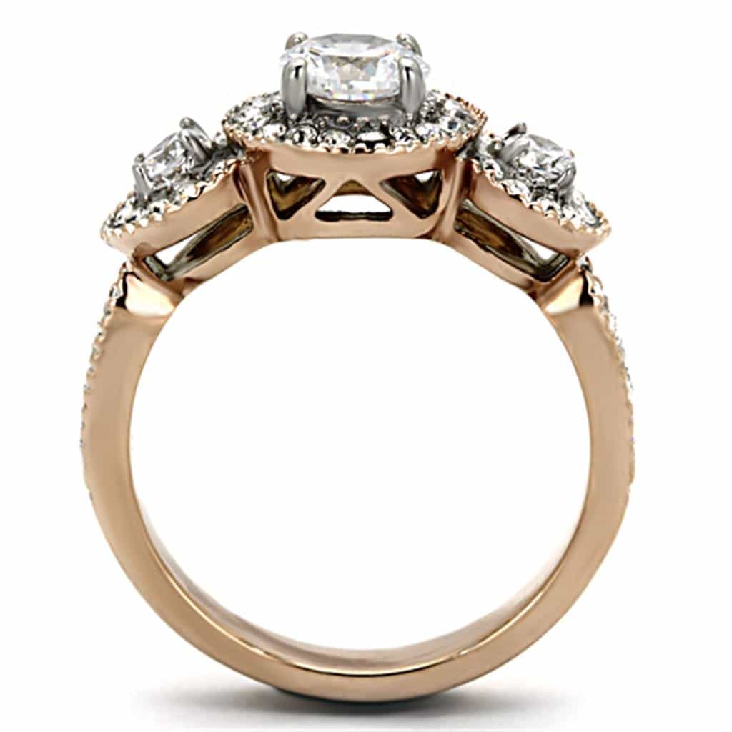 Stainless Steel Rose Gold CZ Round Three Stone Halo Ring view 3
