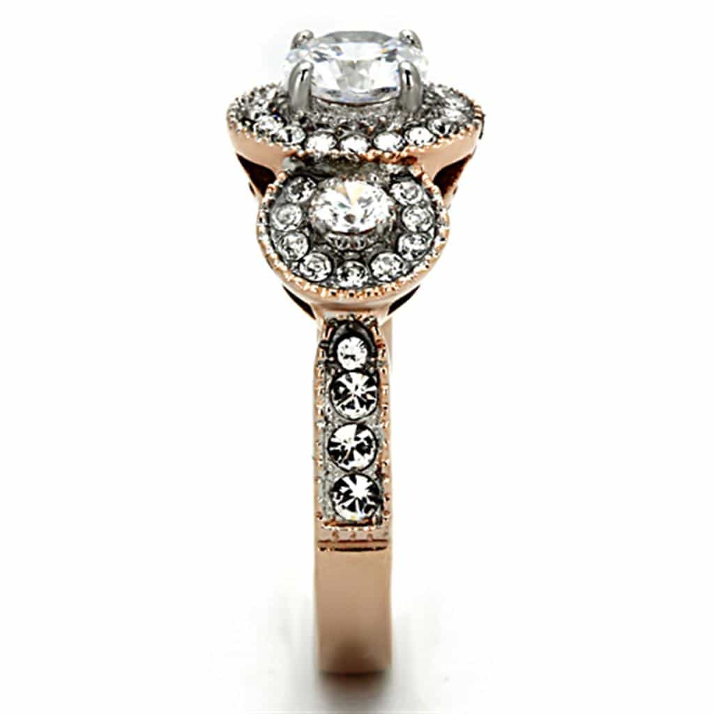 Stainless Steel Rose Gold CZ Round Three Stone Halo Ring view 4