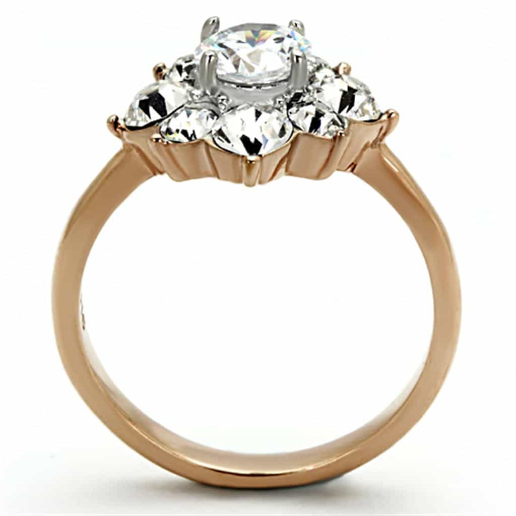 Stainless Steel Rose Gold CZ Round Flower Cluster Ring view 3