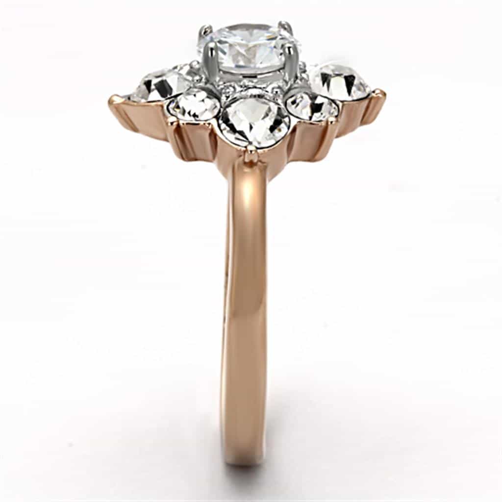 Stainless Steel Rose Gold CZ Round Flower Cluster Ring view 8