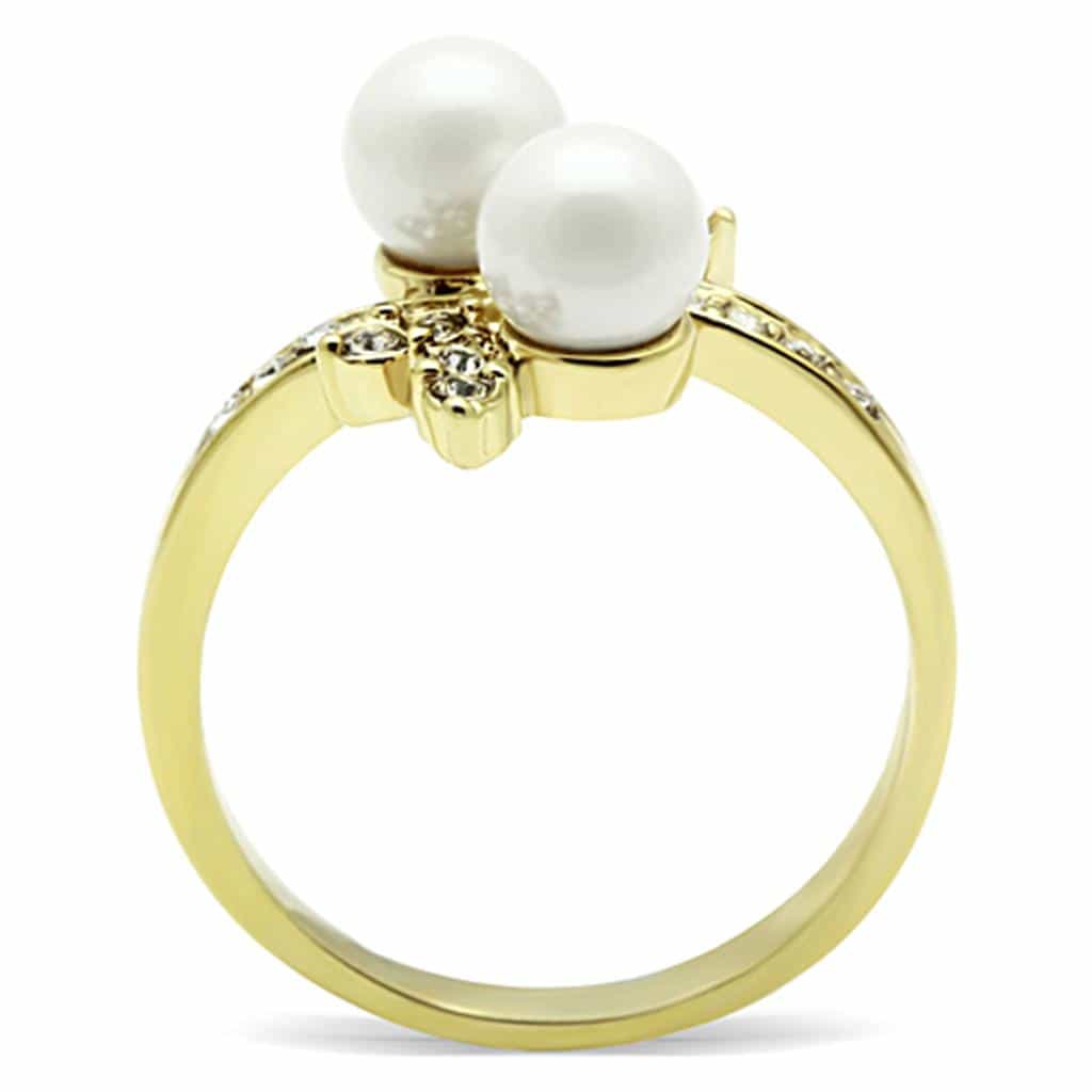 Stainless Steel Gold Pearl CZ Floral Bypass Ring view 7