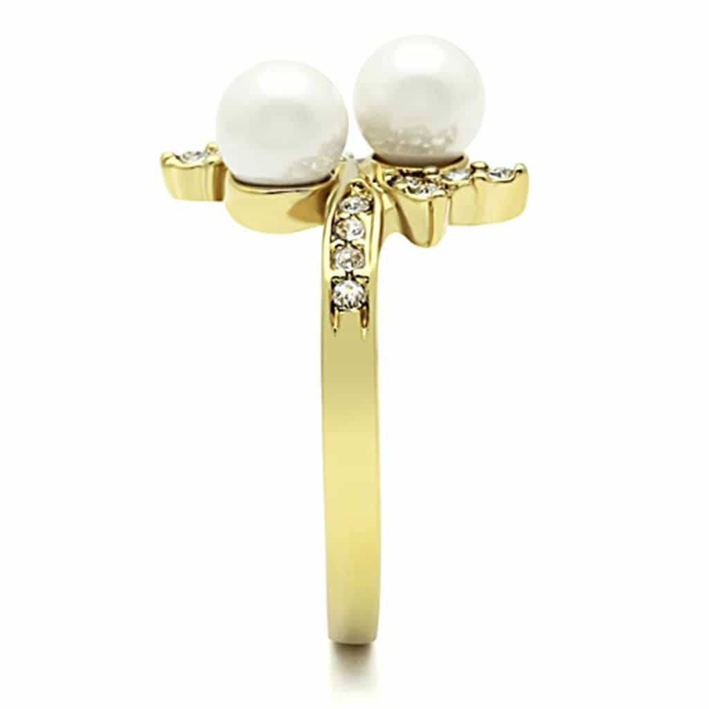 Stainless Steel Gold Pearl CZ Floral Bypass Ring view 8