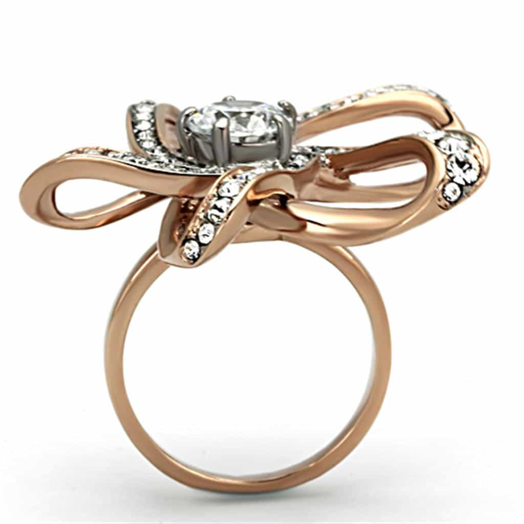 Stainless Steel Rose Gold CZ Round Abstract Crossover Ring view 7