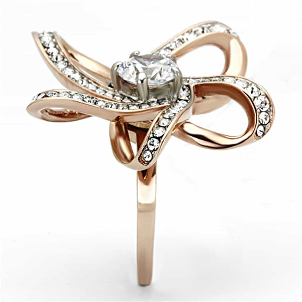 Stainless Steel Rose Gold CZ Round Abstract Crossover Ring view 8