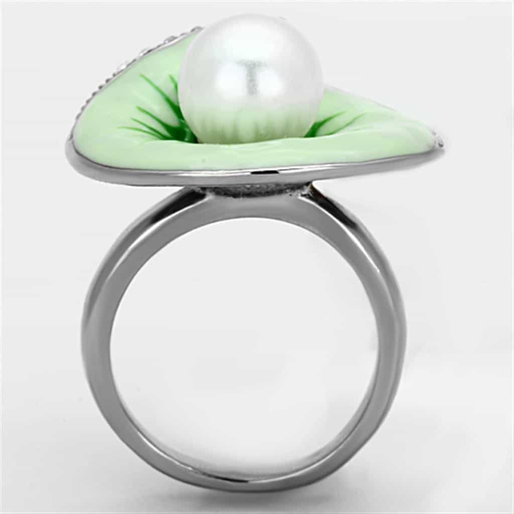 Stainless Steel Green Enamel Pearl CZ Dome Ring view 7