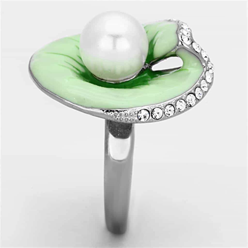 Stainless Steel Green Enamel Pearl CZ Dome Ring view 8