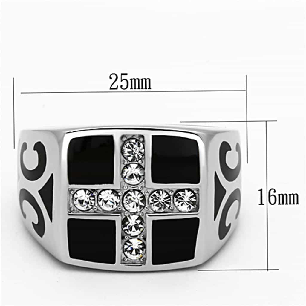 Stainless Steel Black Enamel CZ Cross Mens Signet Ring view 6