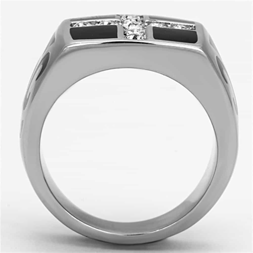 Stainless Steel Black Enamel CZ Cross Mens Signet Ring view 3