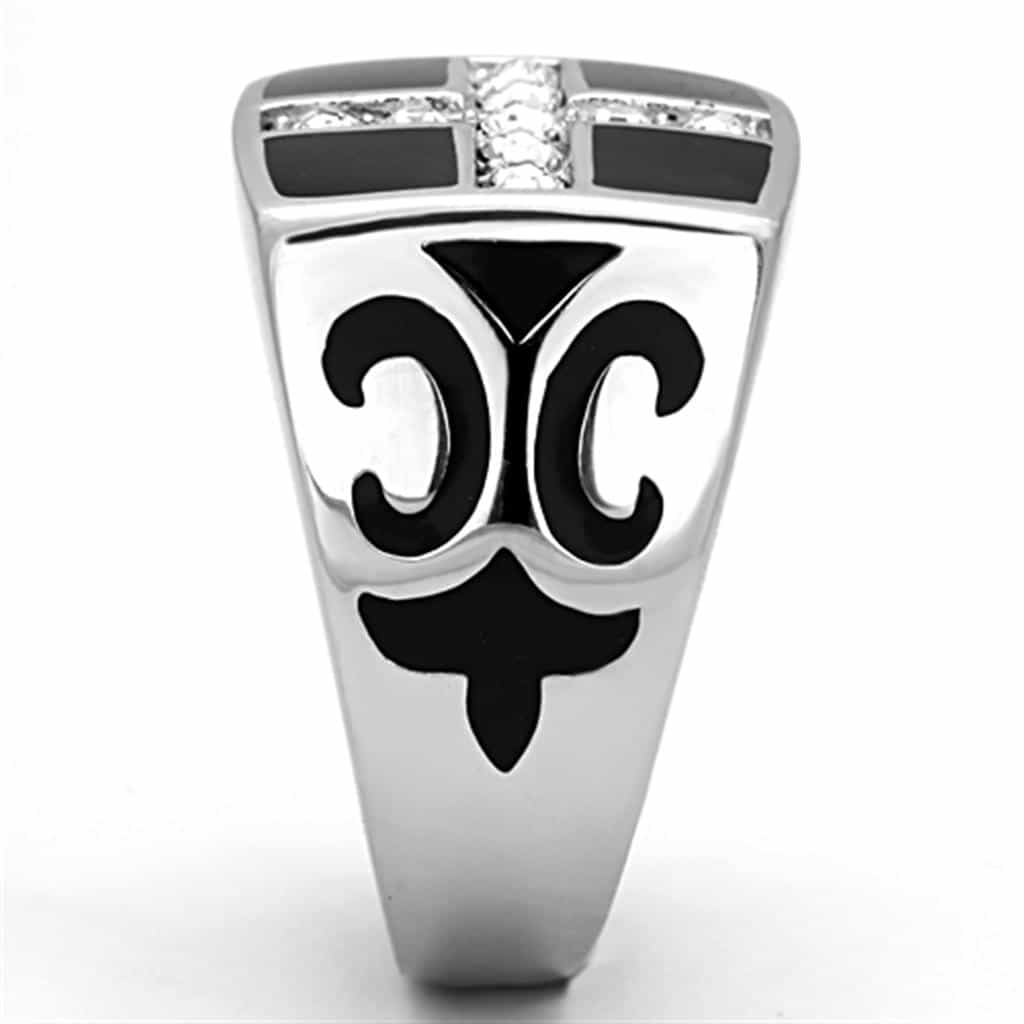 Stainless Steel Black Enamel CZ Cross Mens Signet Ring view 8