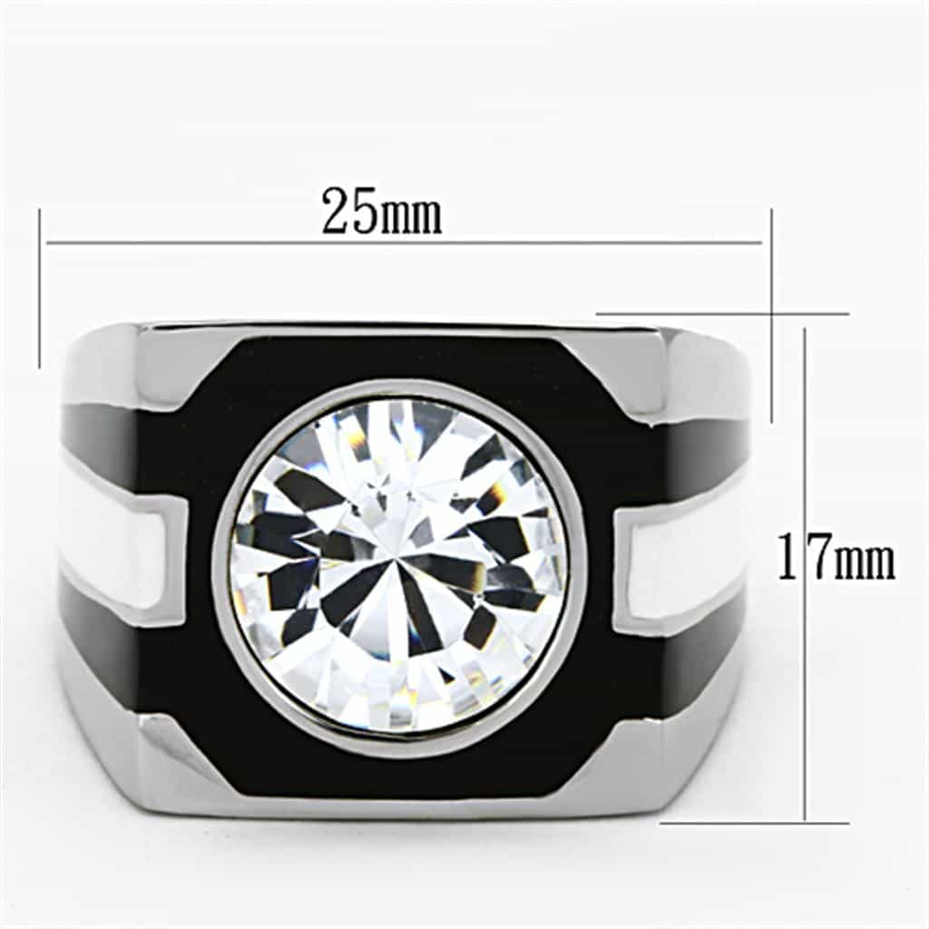 Stainless Steel CZ Round Bezel Black Enamel Mens Signet Ring view 2