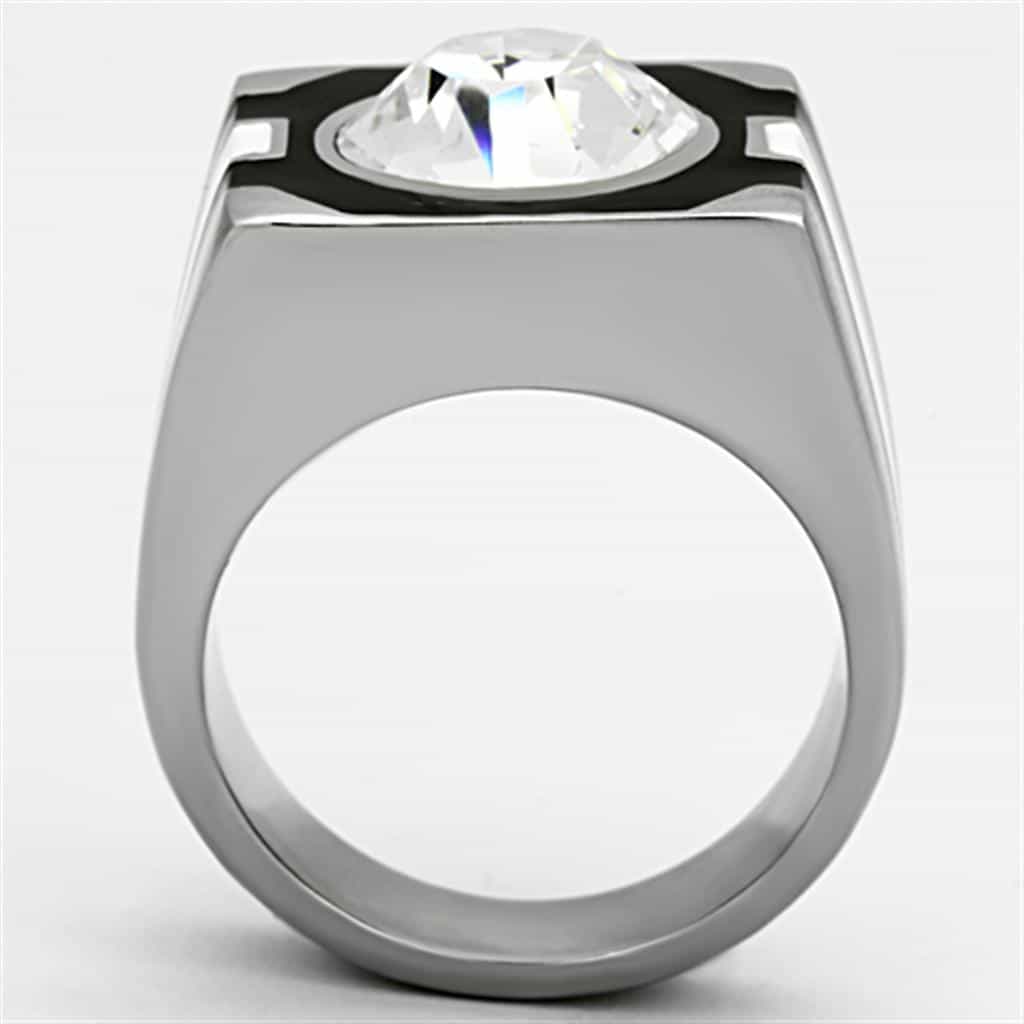 Stainless Steel CZ Round Bezel Black Enamel Mens Signet Ring view 7
