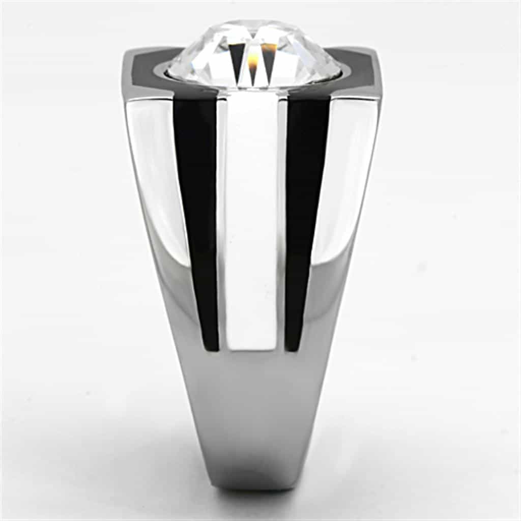 Stainless Steel CZ Round Bezel Black Enamel Mens Signet Ring view 4