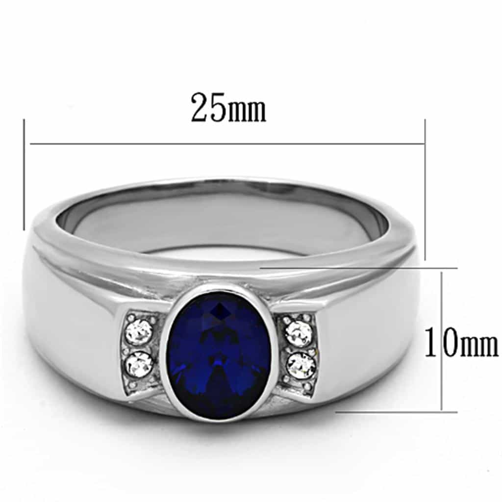 Stainless Steel Blue Sapphire Oval CZ Accent Mens Band Ring view 6