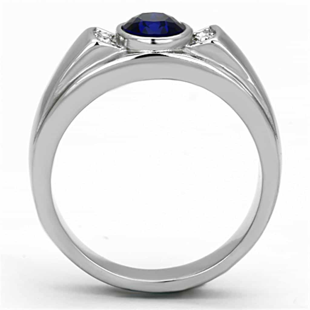 Stainless Steel Blue Sapphire Oval CZ Accent Mens Band Ring view 7