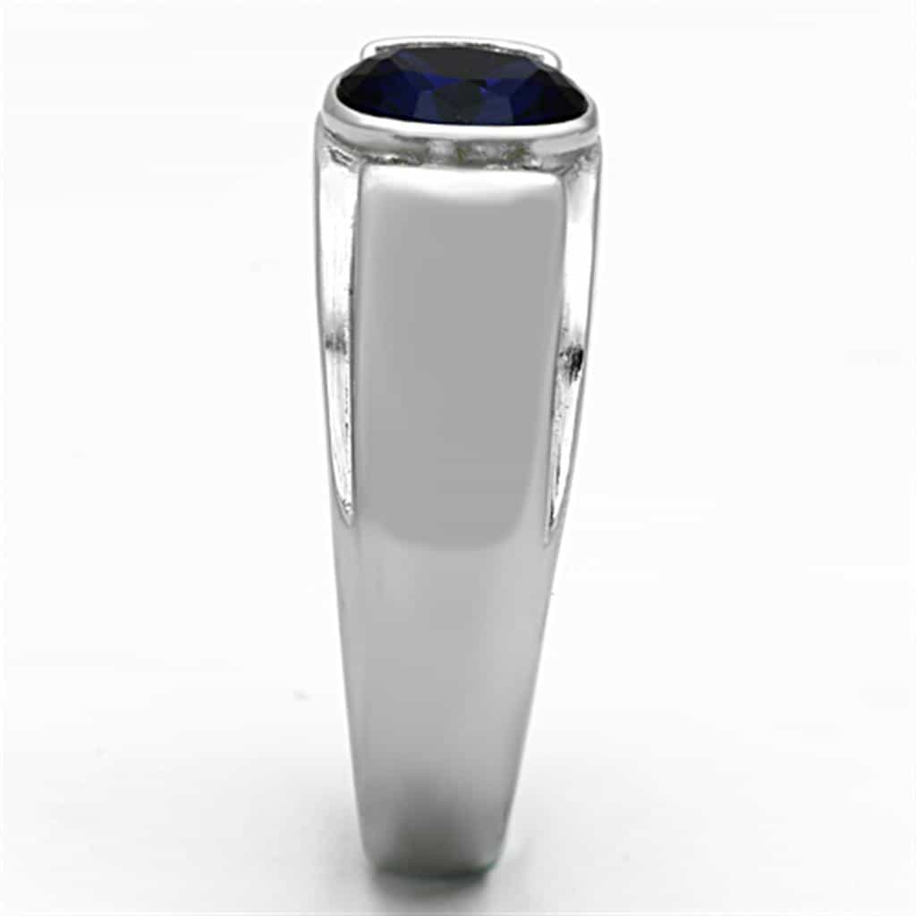 Stainless Steel Blue Sapphire Oval CZ Accent Mens Band Ring view 8