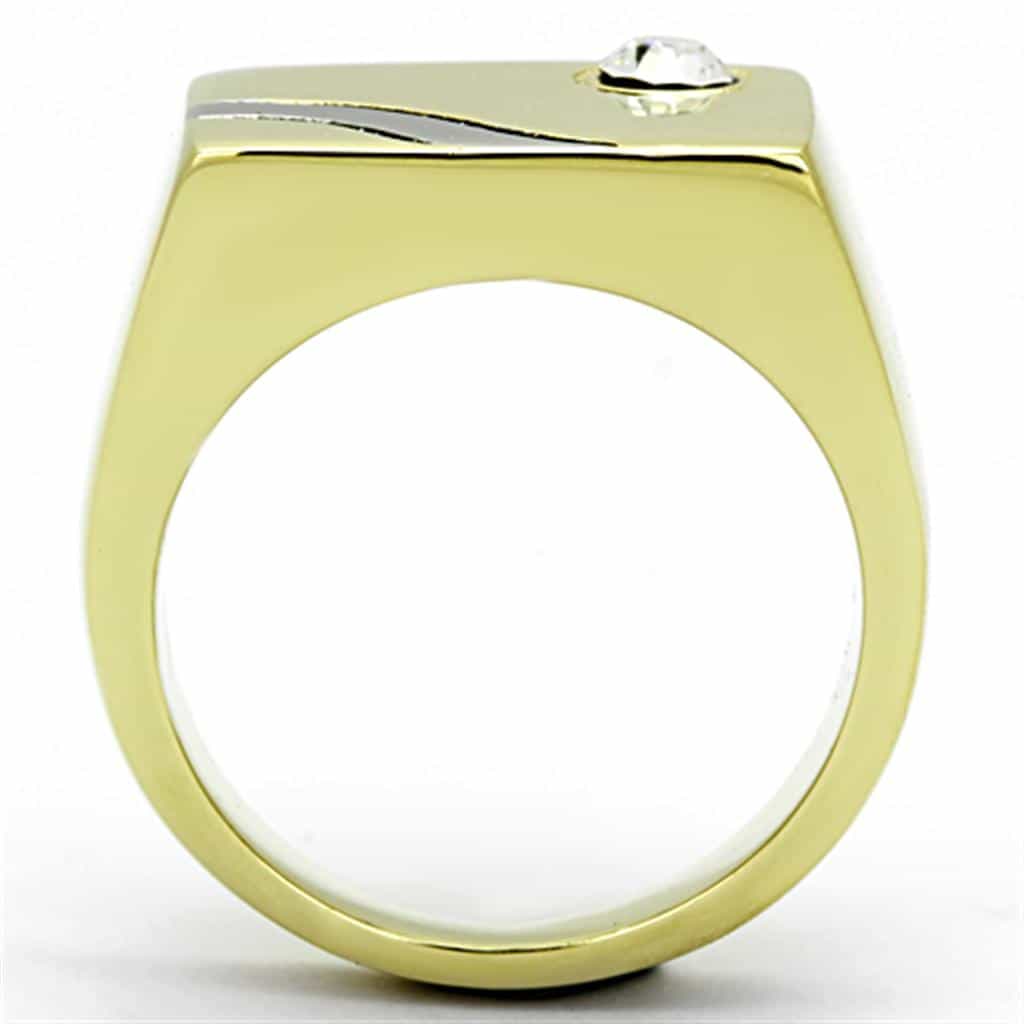 Stainless Steel Gold Polished CZ Bezel Wave Mens Signet Ring view 7