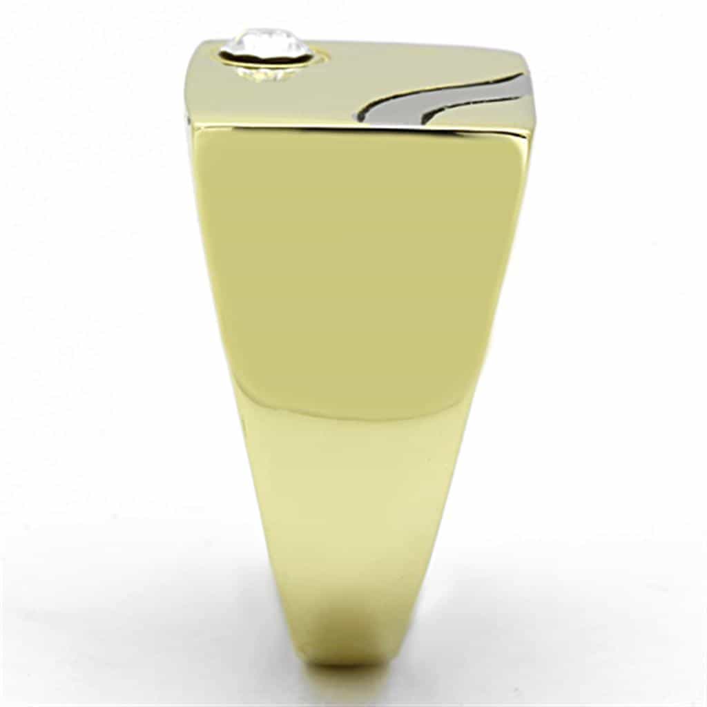 Stainless Steel Gold Polished CZ Bezel Wave Mens Signet Ring view 8