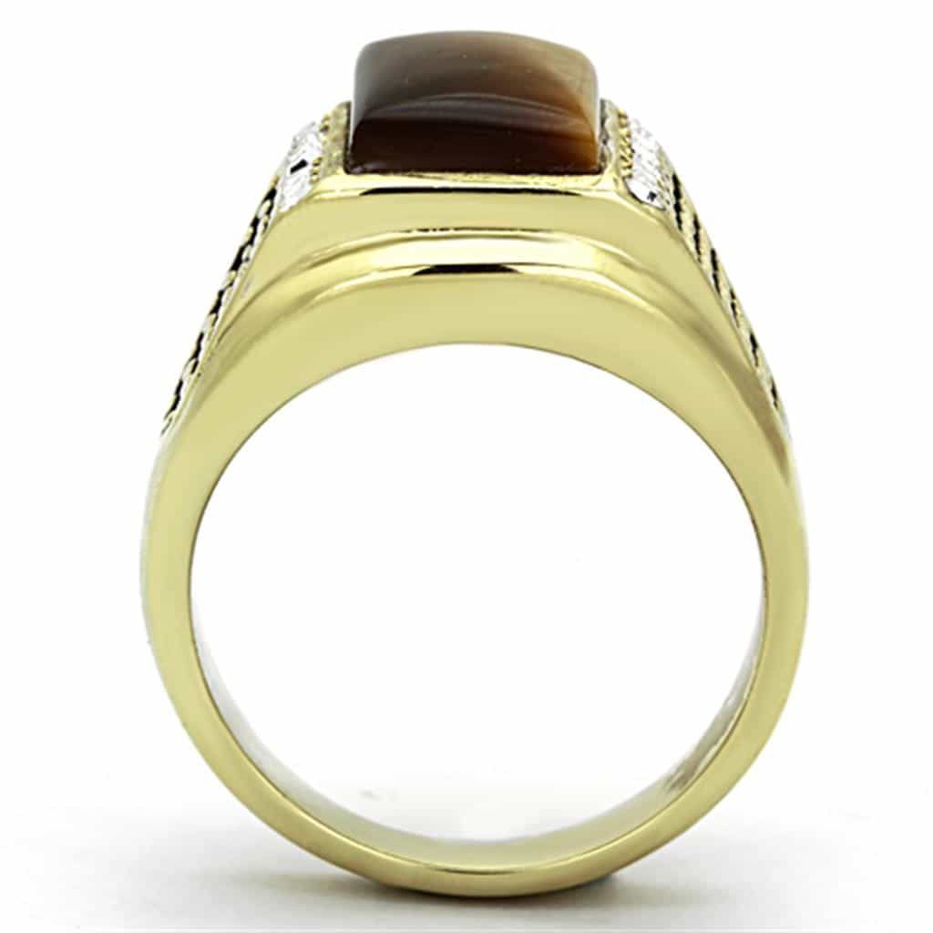 Stainless Steel Gold Tiger Eye Square CZ Pave Mens Signet Ring view 3