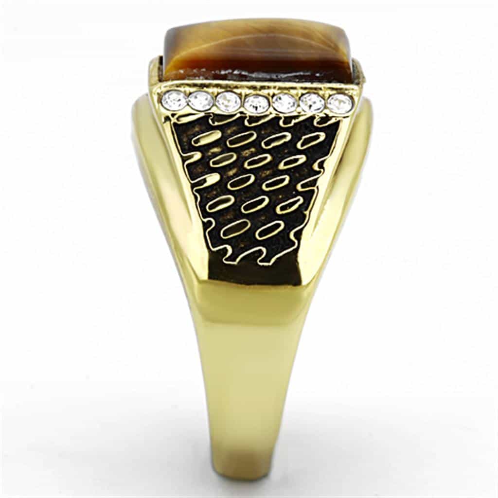 Stainless Steel Gold Tiger Eye Square CZ Pave Mens Signet Ring view 4