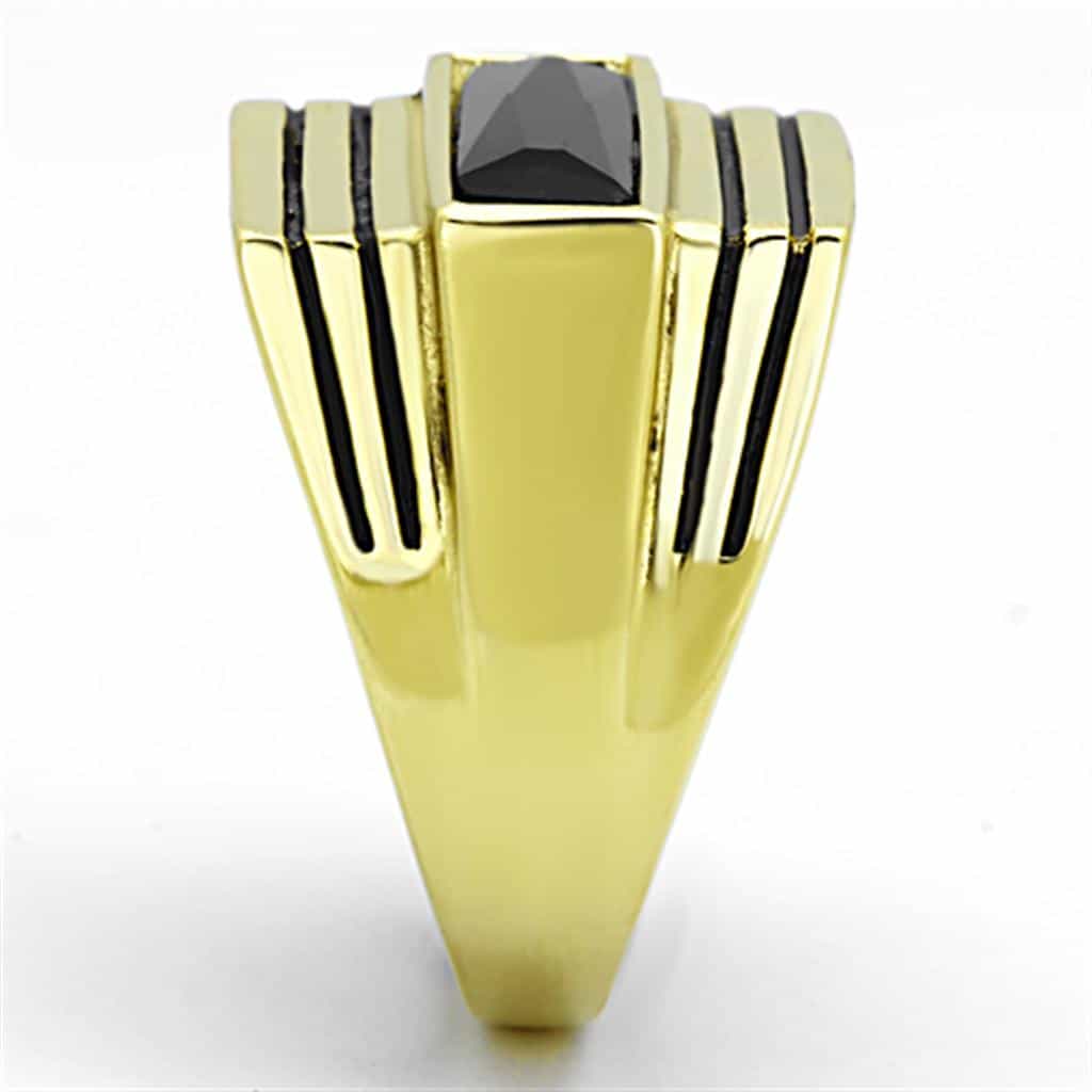 Stainless Steel Gold Black Onyx Rectangle Stripe Mens Signet Ring view 8
