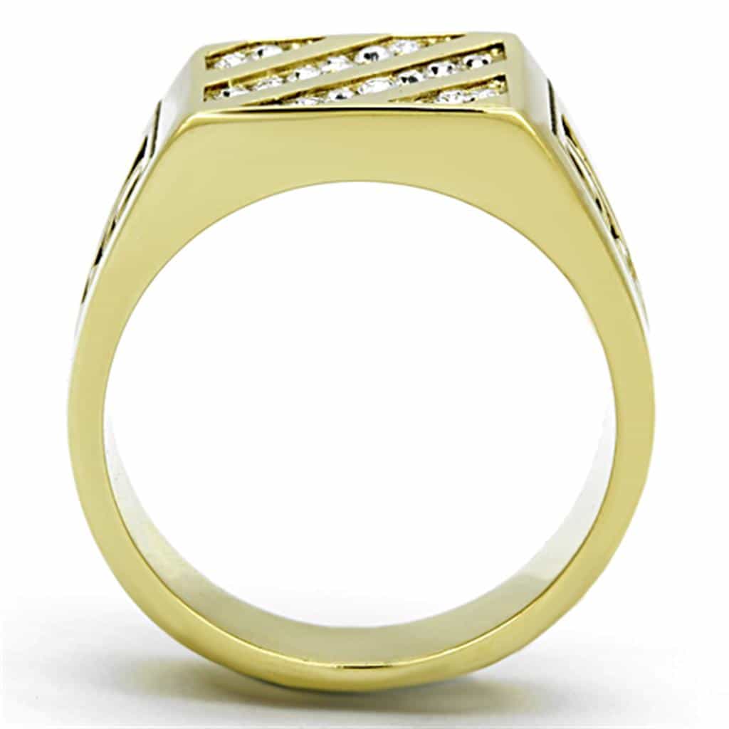 Stainless Steel Gold CZ Diagonal Stripe Scroll Mens Signet Ring view 7