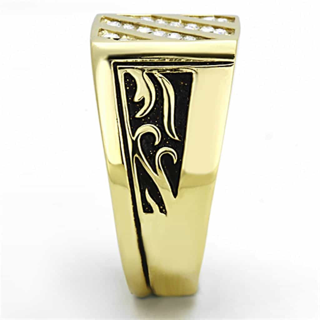 Stainless Steel Gold CZ Diagonal Stripe Scroll Mens Signet Ring view 4