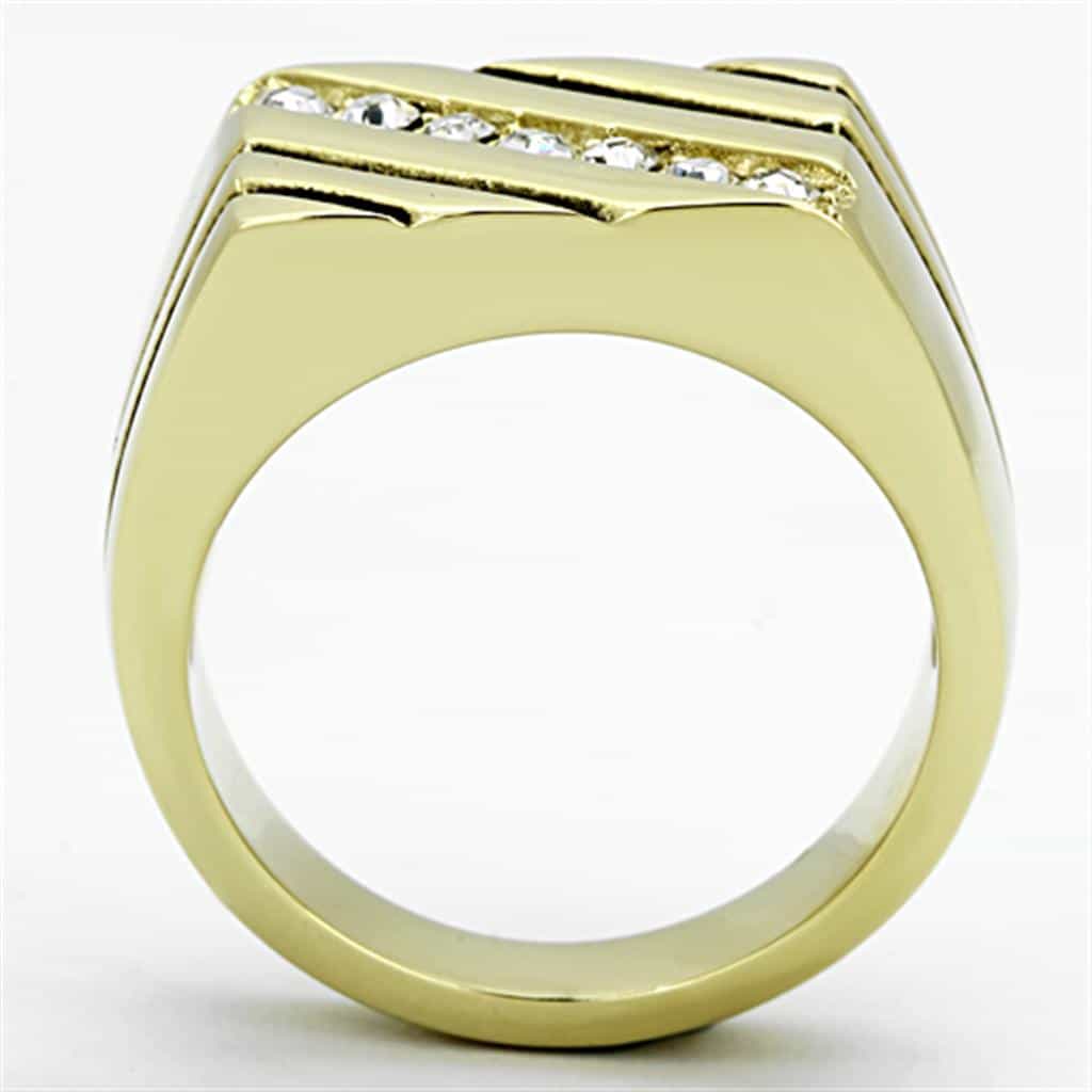 Stainless Steel Gold CZ Diagonal Channel Stripe Mens Signet Ring view 7