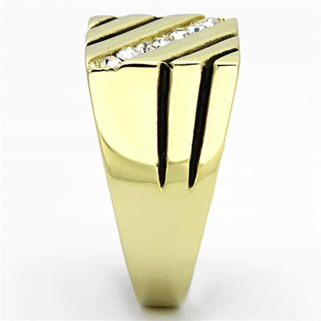 Stainless Steel Gold CZ Diagonal Channel Stripe Mens Signet Ring view 8