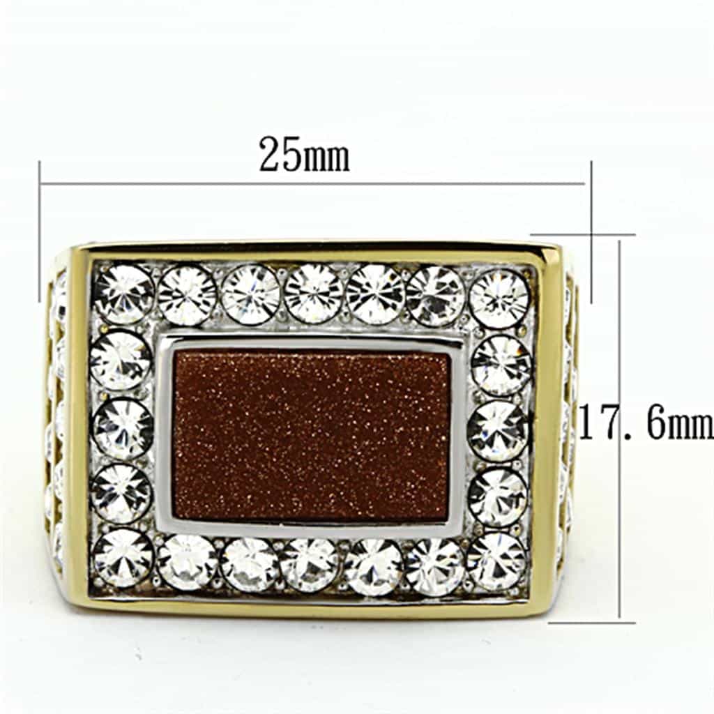 Stainless Steel Gold Goldstone Rectangle CZ Halo Mens Signet Ring view 6