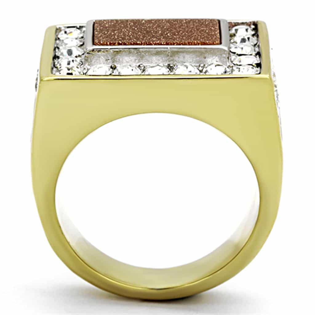 Stainless Steel Gold Goldstone Rectangle CZ Halo Mens Signet Ring view 3