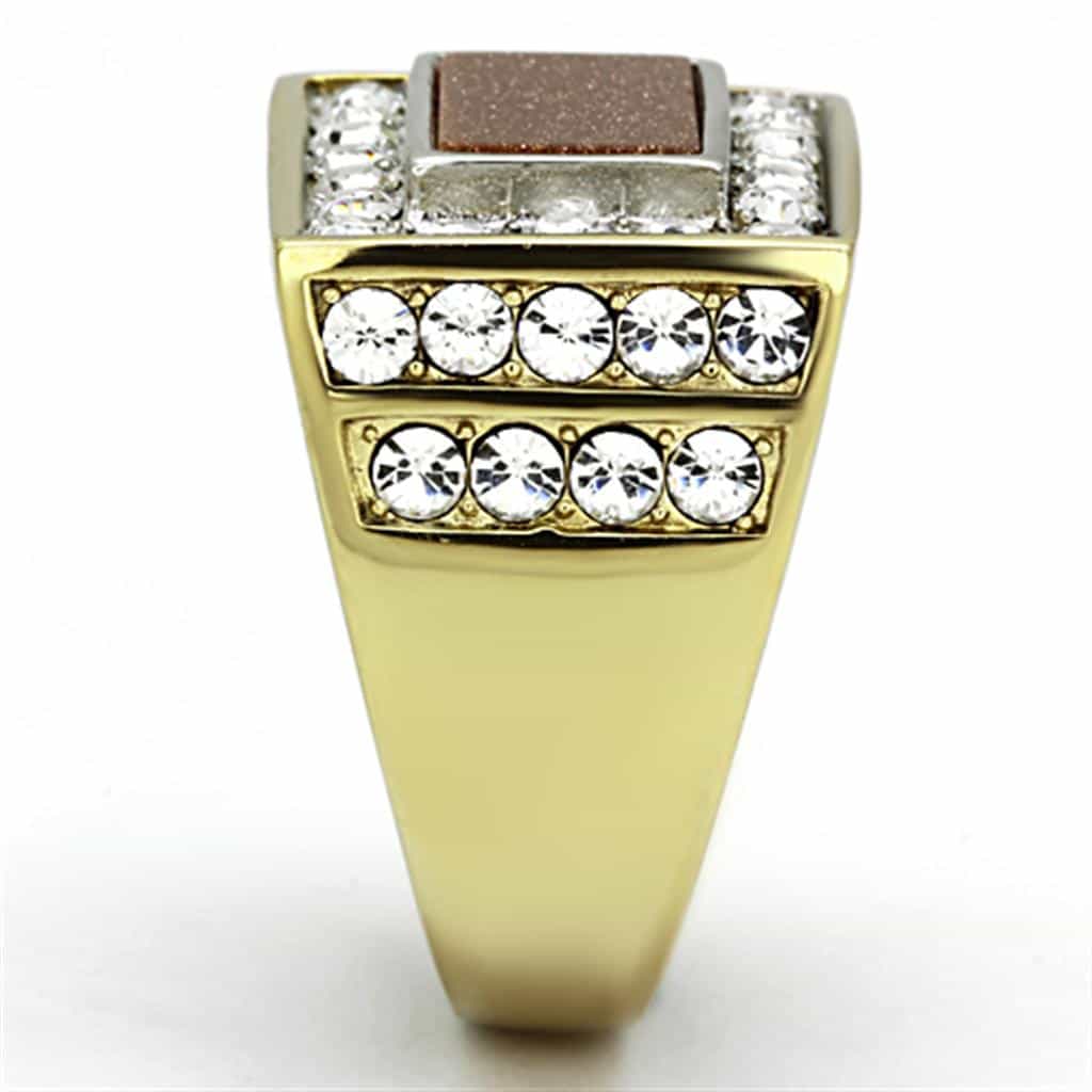 Stainless Steel Gold Goldstone Rectangle CZ Halo Mens Signet Ring view 8