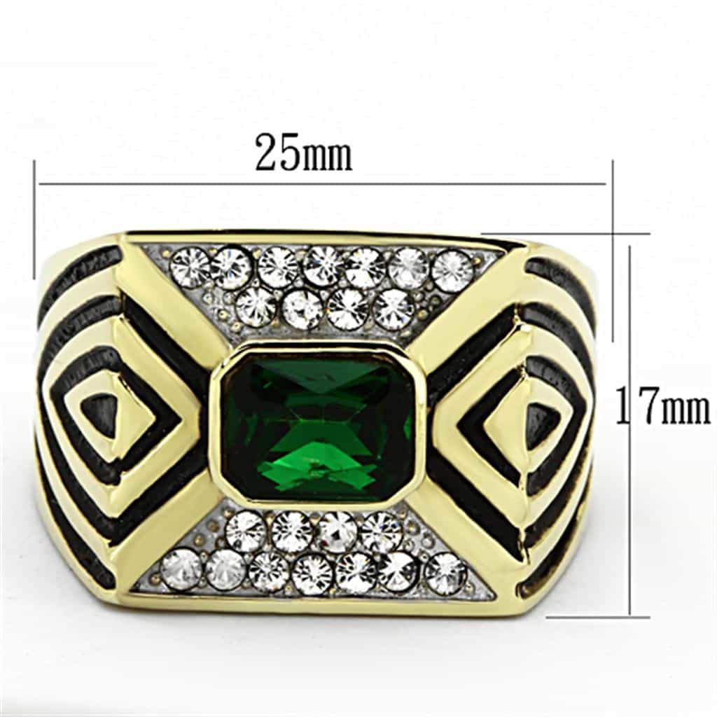 Stainless Steel Gold Emerald Princess Greek Key CZ Mens Ring view 6