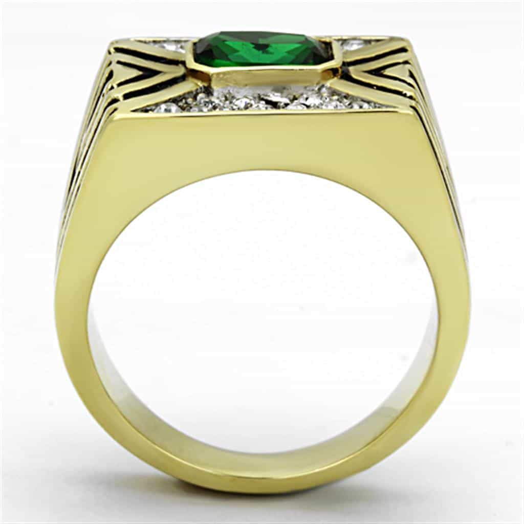 Stainless Steel Gold Emerald Princess Greek Key CZ Mens Ring view 7