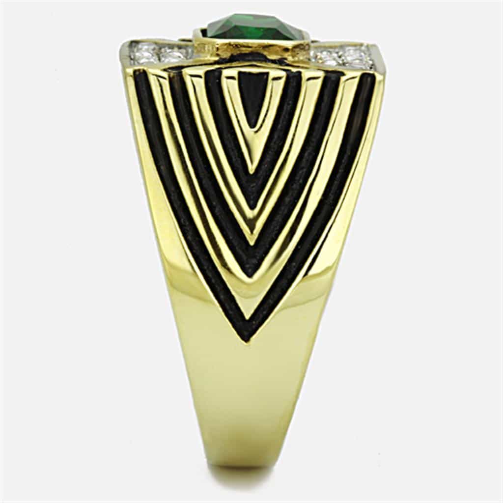 Stainless Steel Gold Emerald Princess Greek Key CZ Mens Ring view 4