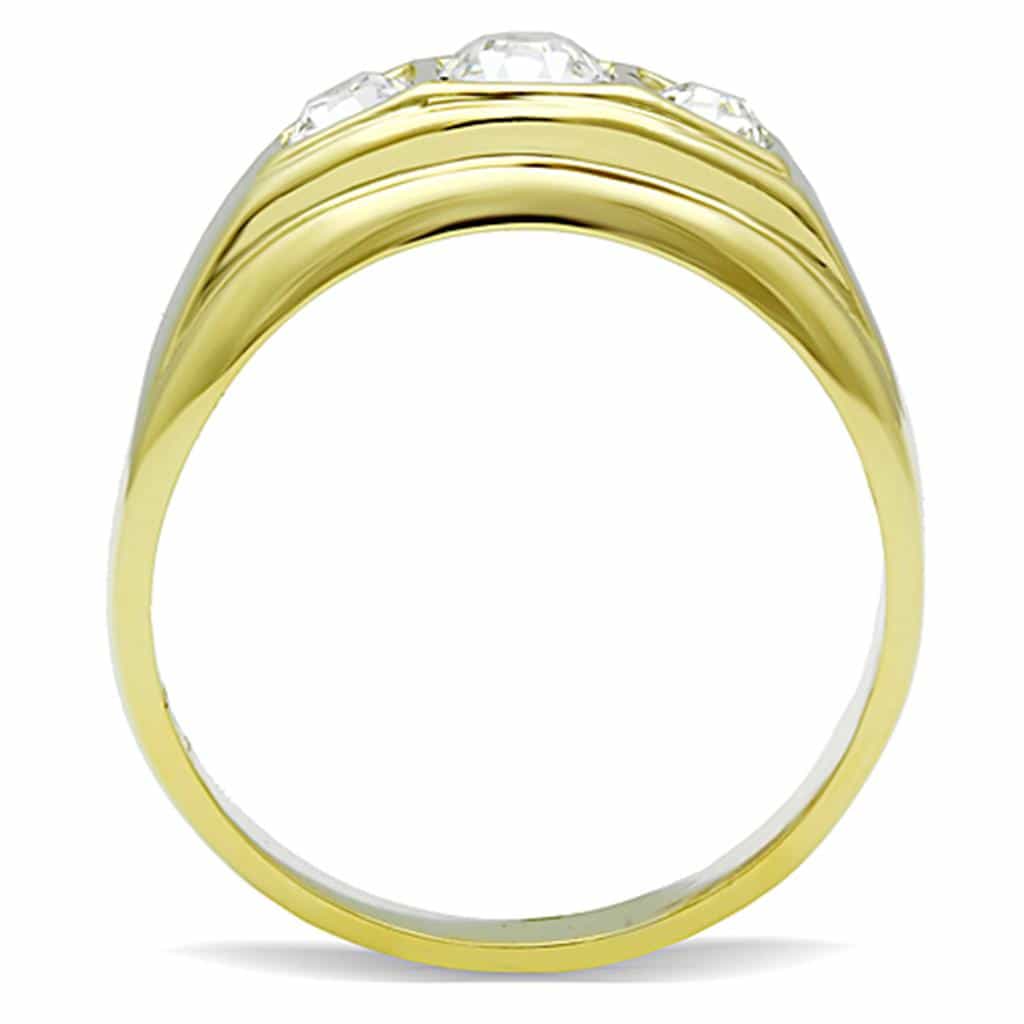 Stainless Steel Gold CZ Three Stone Bezel Mens Signet Ring view 7